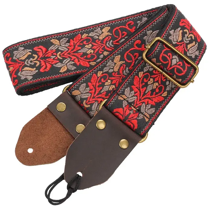 Miwayer Embroidered Guitar Strap Vintage Flowers Adjustable & Leather Head - Black RED