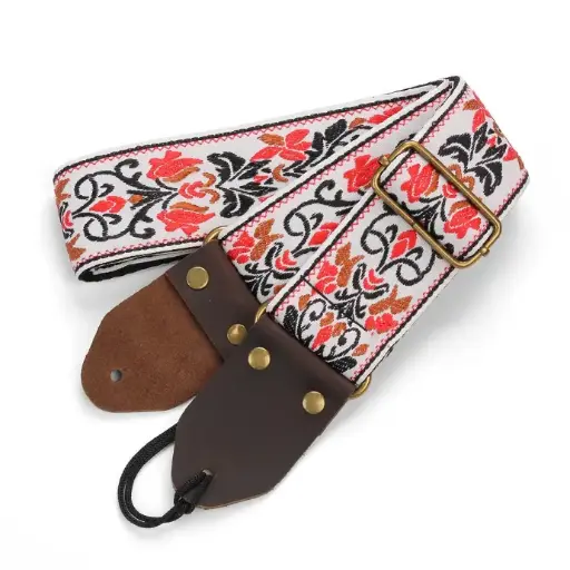 Miwayer Embroidered Guitar Strap Vintage Flowers Adjustable & Leather Head - White RED