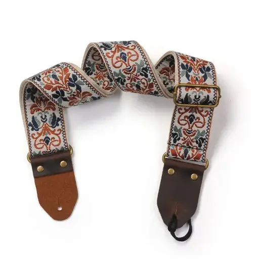 Miwayer Embroidered Guitar Strap Vintage Flowers Adjustable & Leather Head - Khaki Brown